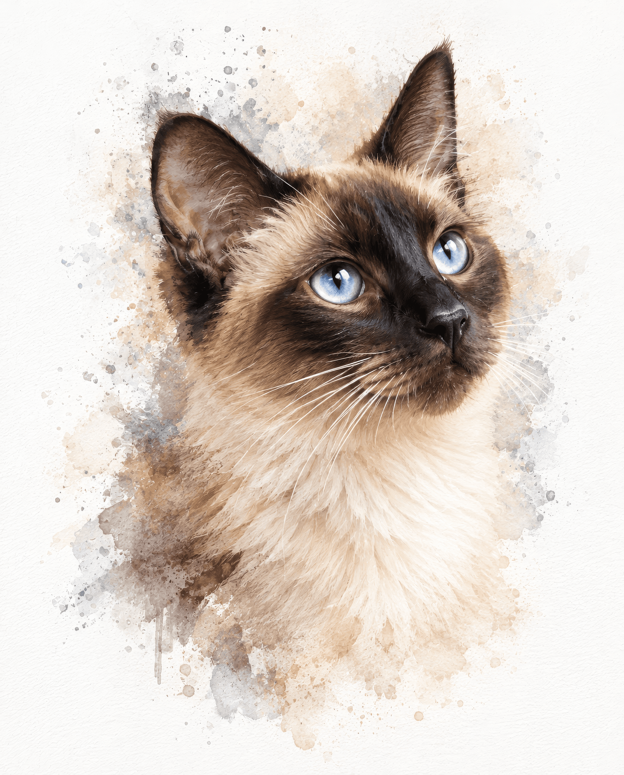Watercolour-style keepsake portrait of a blue-eyed Siamese cat