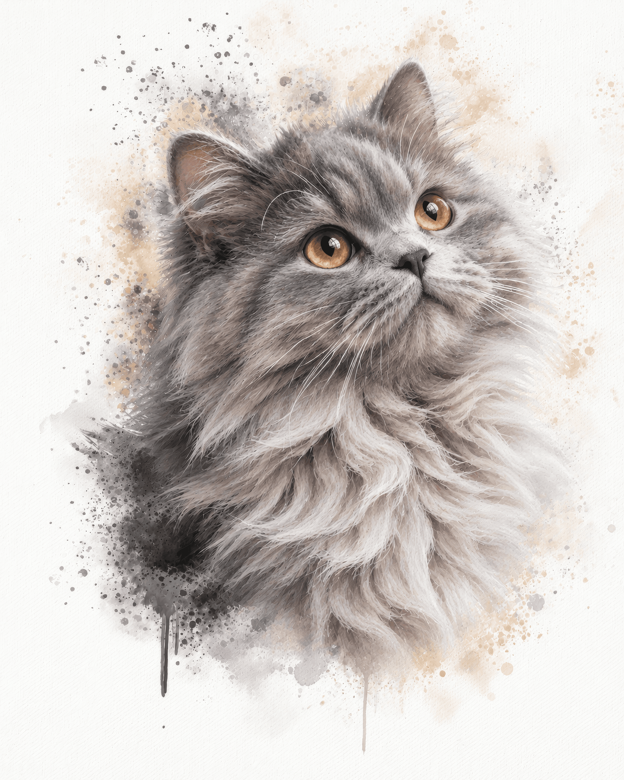 Watercolour-style portrait of a long-haired grey cat with amber eyes