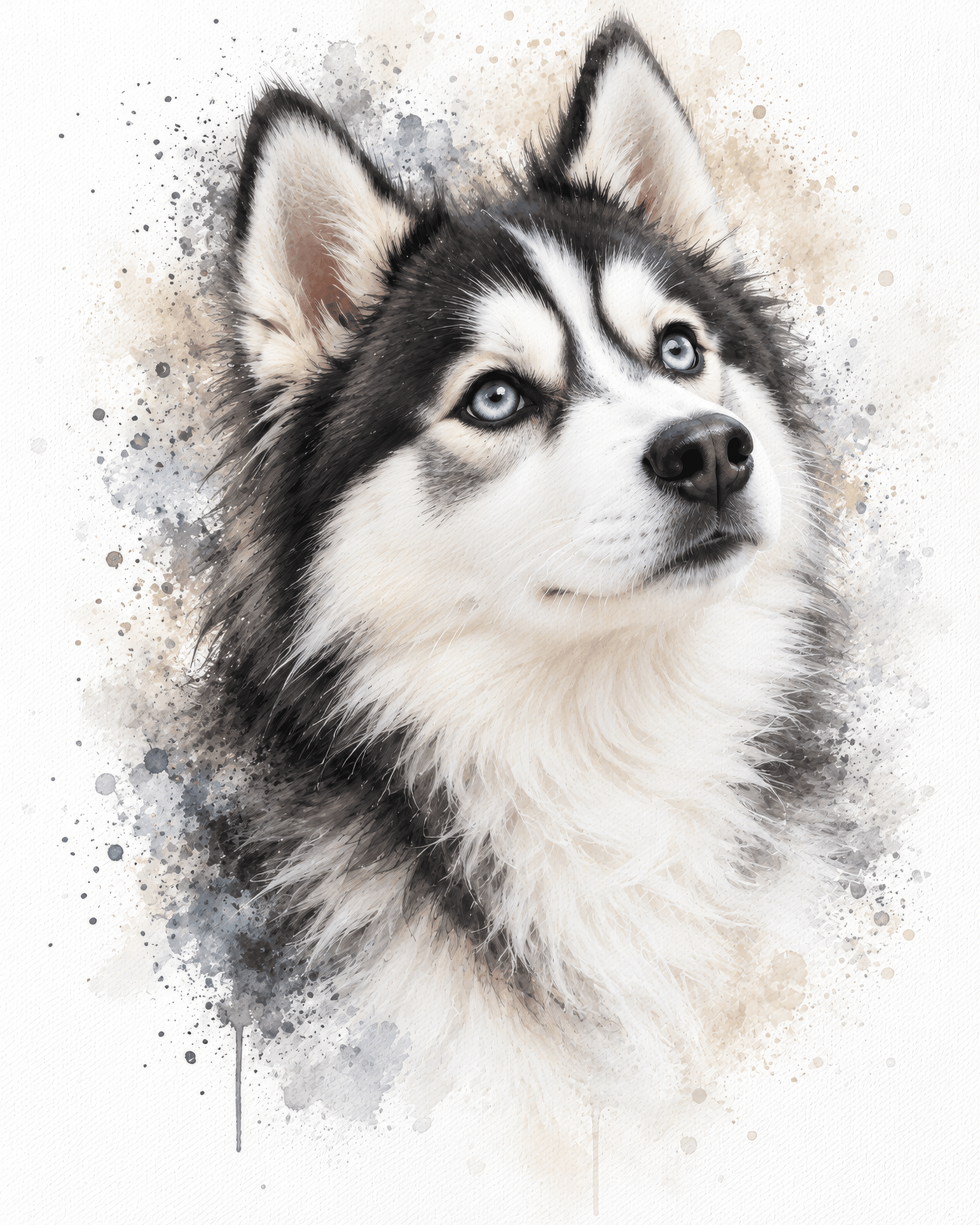 Watercolour-style Siberian husky portrait with blue eyes