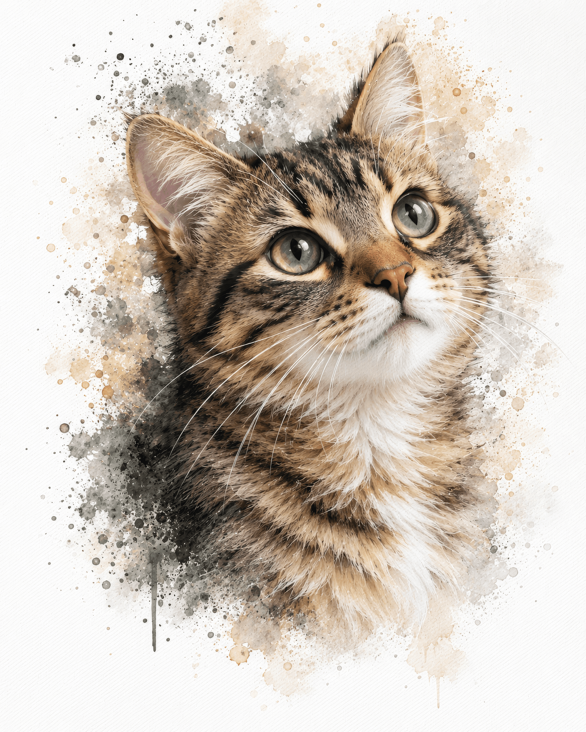 Watercolour-style tabby cat portrait looking up