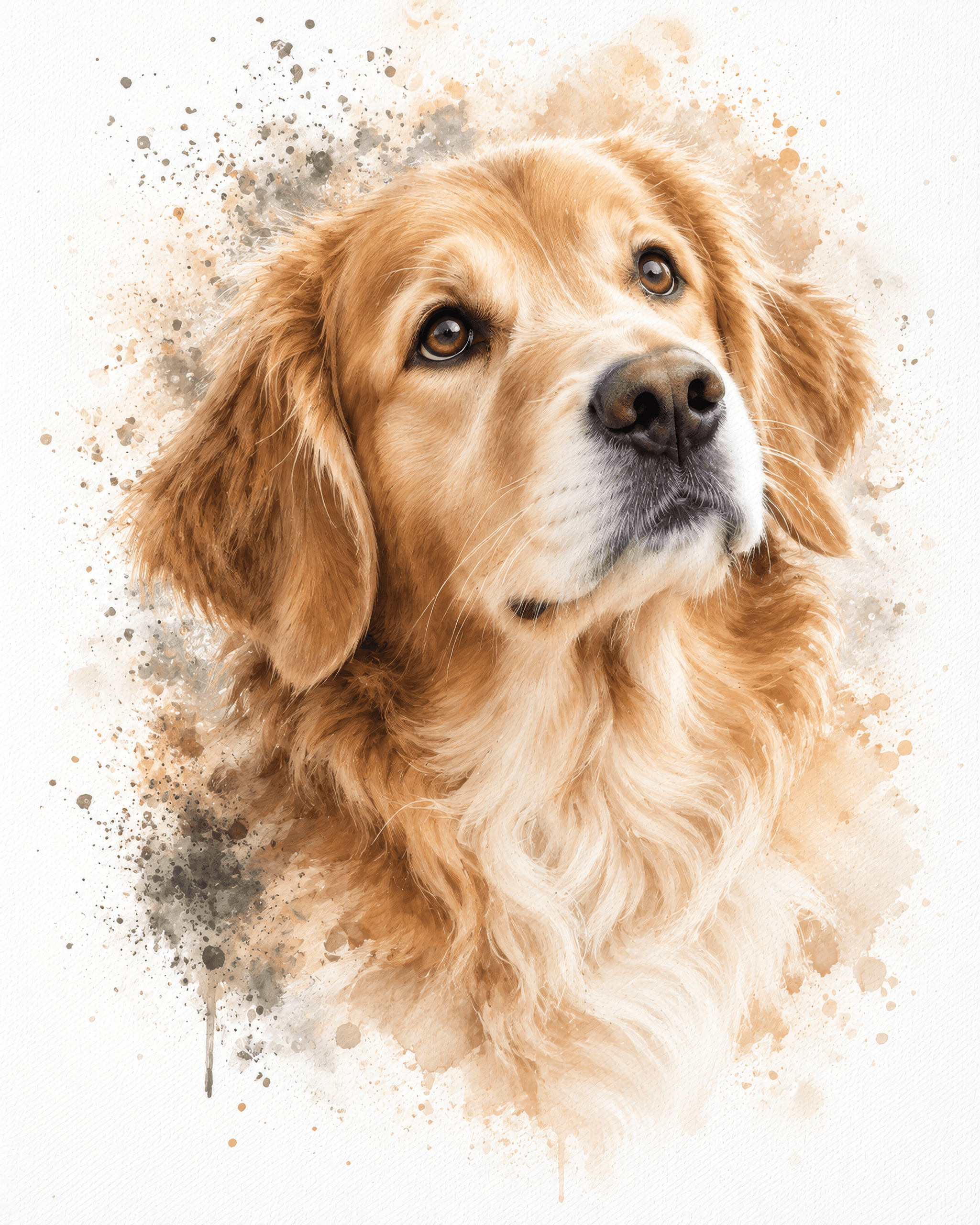 Watercolour-style golden retriever portrait looking up
