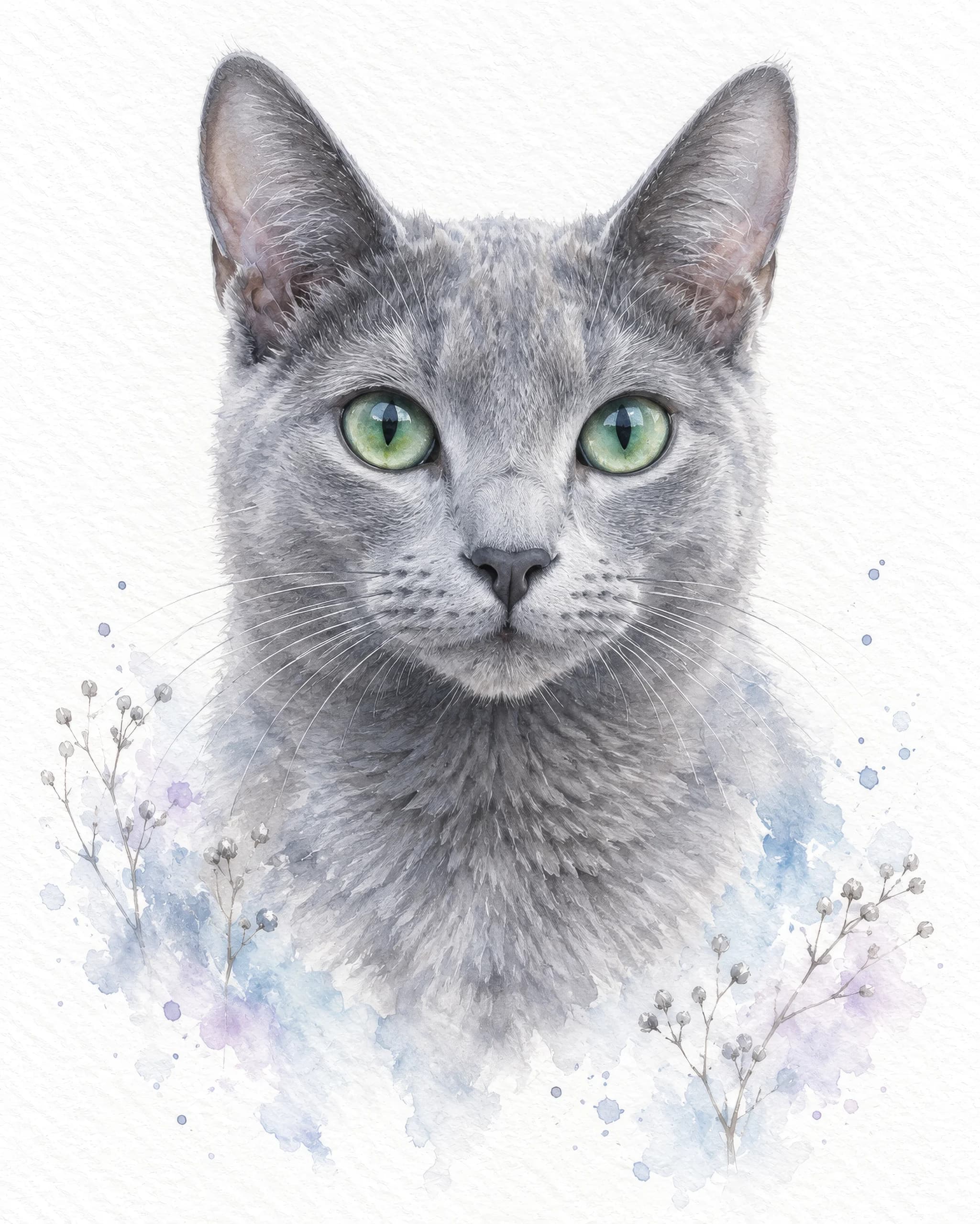 Watercolour-style grey British Shorthair cat portrait with green eyes
