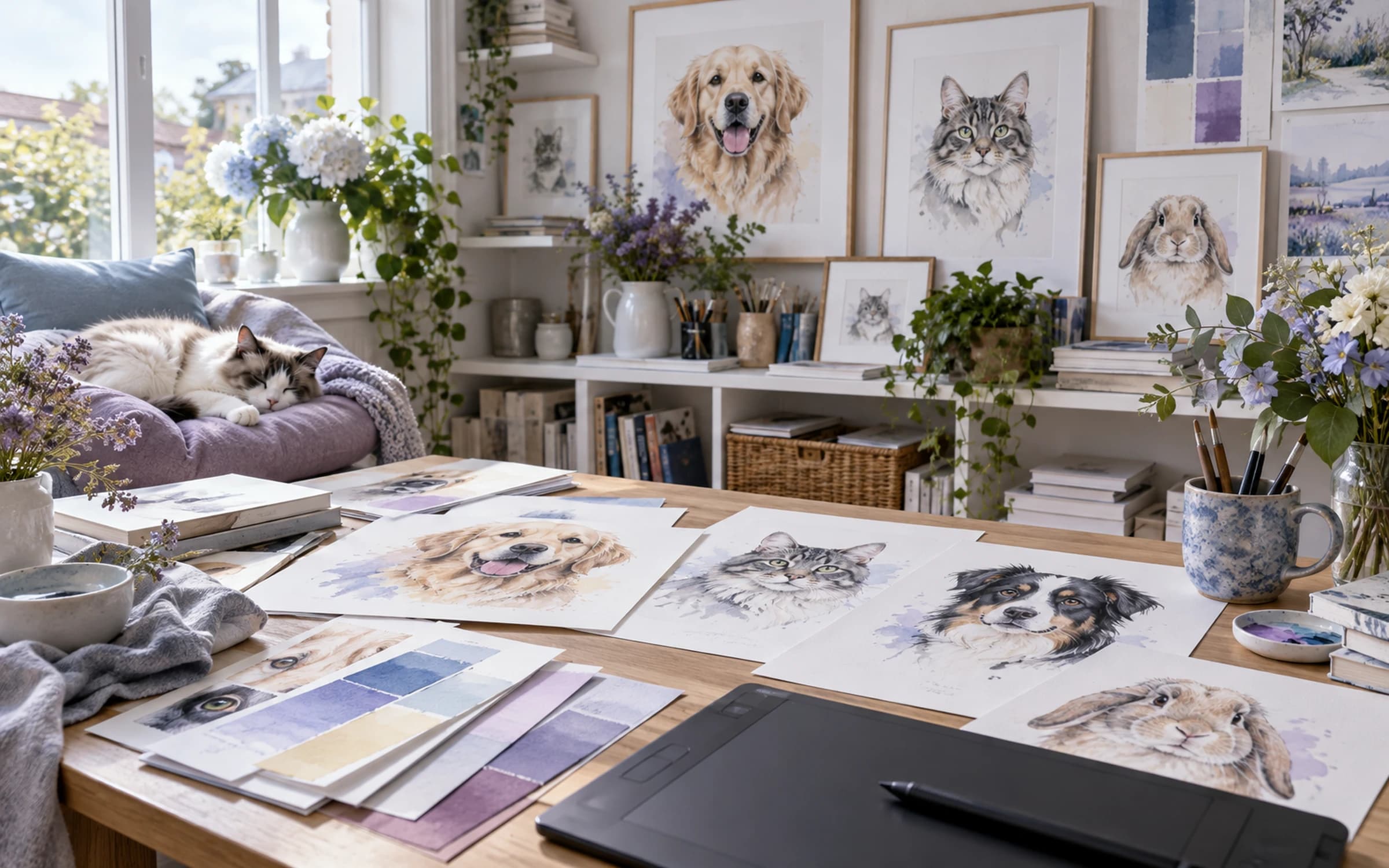 Studio concept: a bright drawing studio with watercolour-style pet portraits on the walls