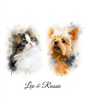 Watercolour-style two-pet portrait of a kitten and a Yorkshire terrier with their names
